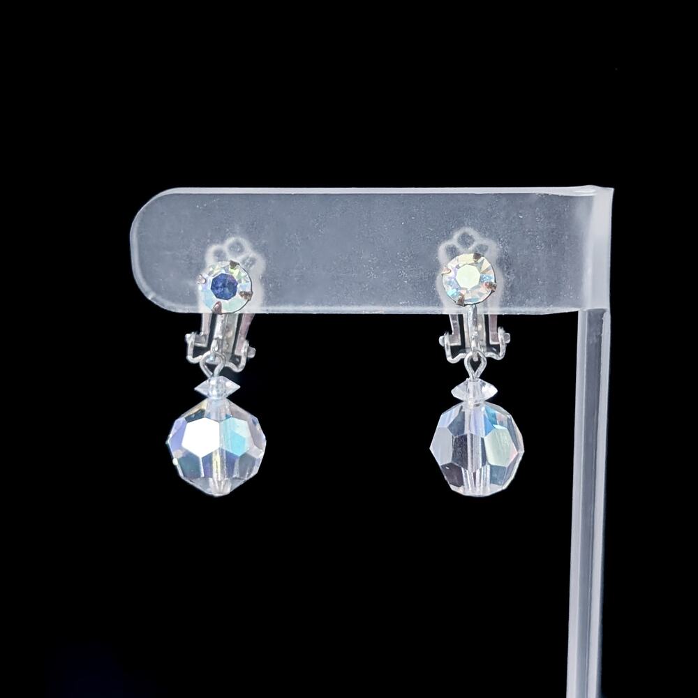 Vintage Clip On Earrings Clear Faceted Ball with Iridescent Finish Dangle